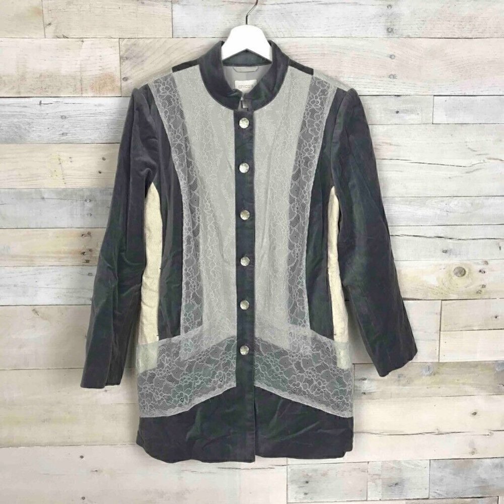 NEW Chico's Women Artisan Duster Jacket Gray Buttons Lace Velvet Coat Petite 2 P